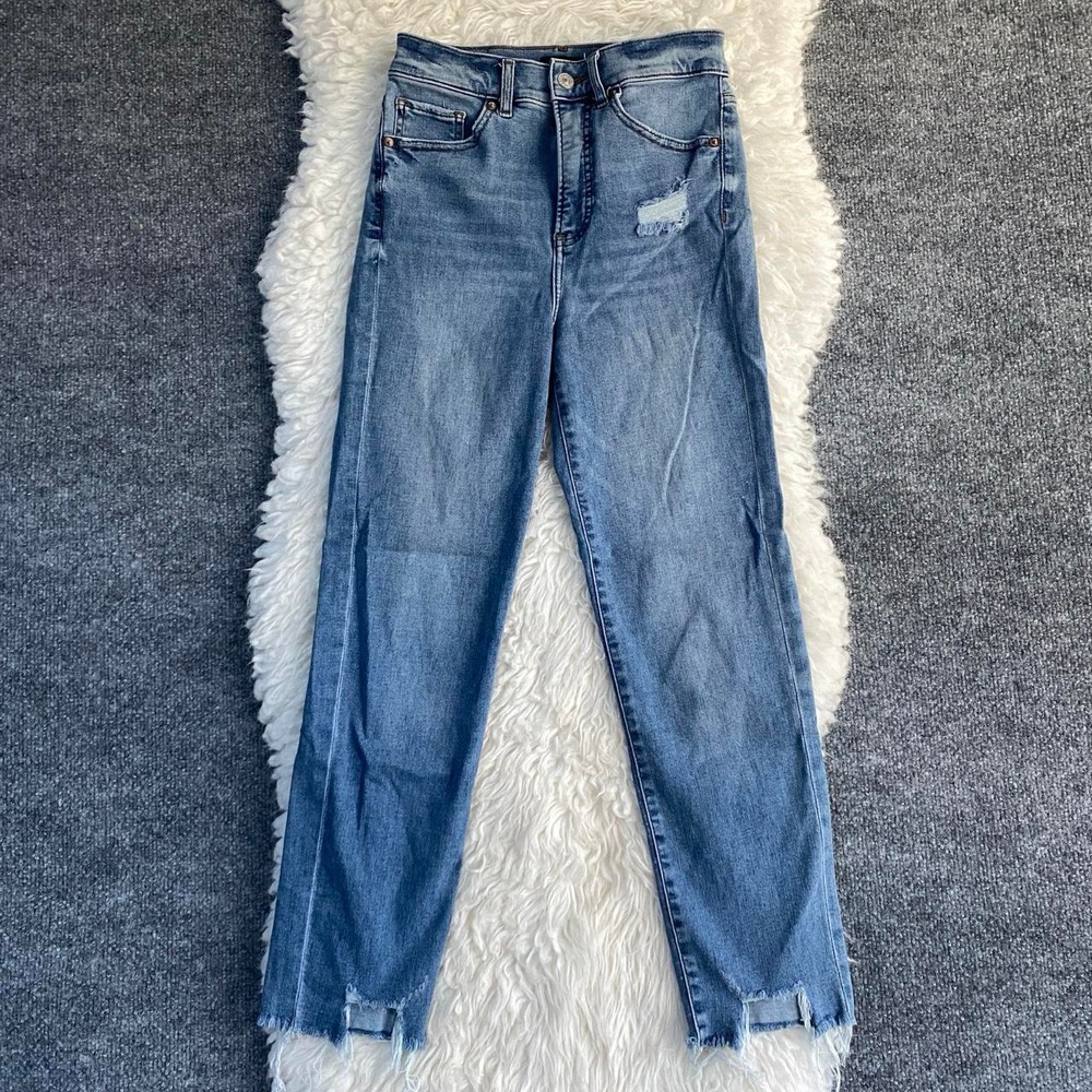 EXPRESS BLUE DENIM MOM JEAN SUPER HIGH RISE STRAIGHT LEG RAW HEM CASUAL GRUNGE